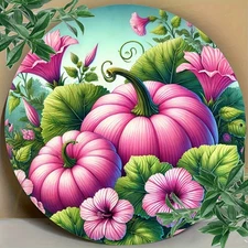 1 Pack Round Aluminum Metal Wall Art Sign - Pink Pumpkin Floral Design with Gree