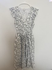 A New Day Women  s Midi Dress Medium White Black Floral Print Wrap Tie Waist