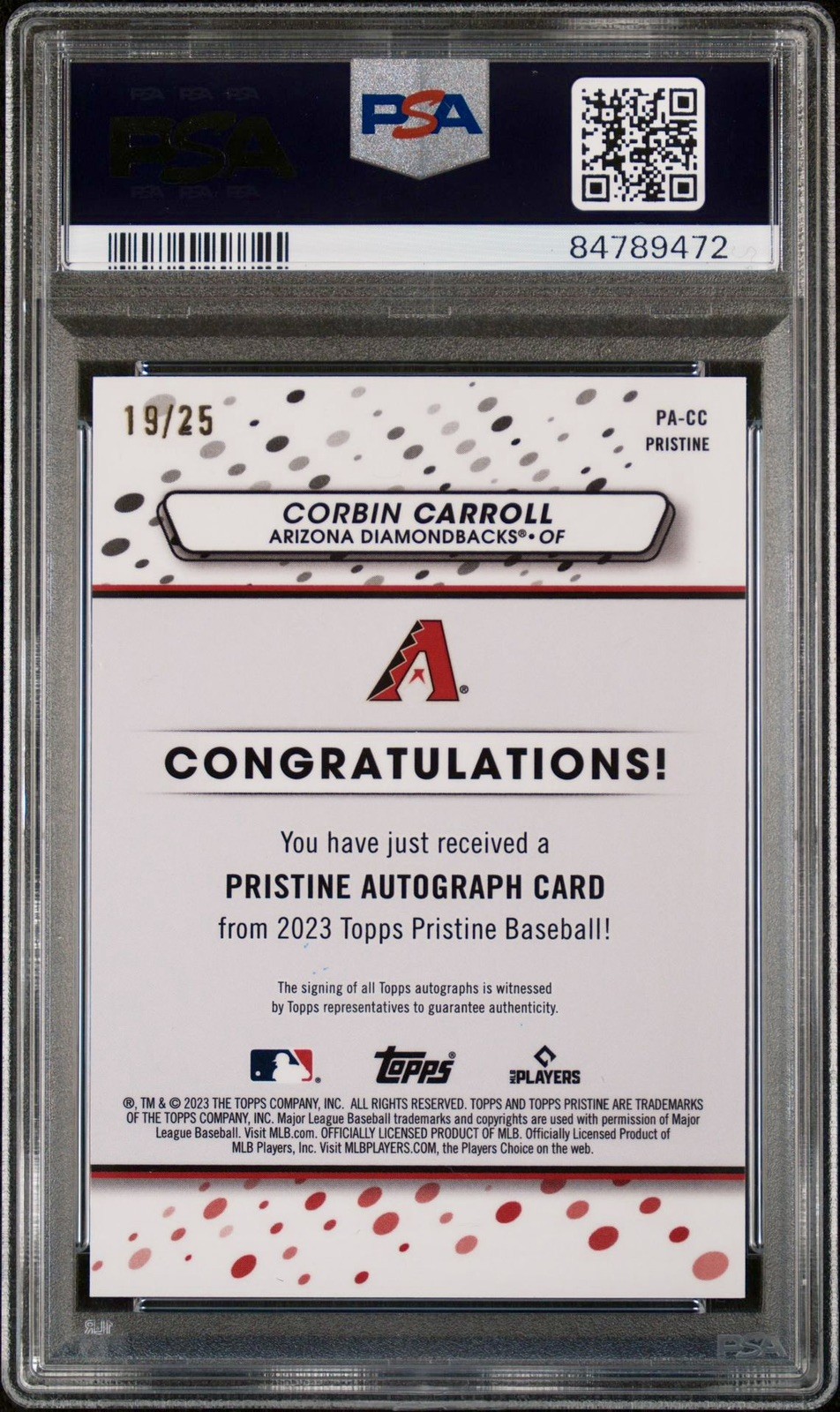 2023 Topps Pristine Corbin Carroll RC Auto Orange Refractor /25 PSA 10 view 3