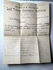 VTG 1889 LEAF TOBACCO MERCHANT LYNCHBURG VA BROADSHEET LETTER BILL LEDGER PAGE