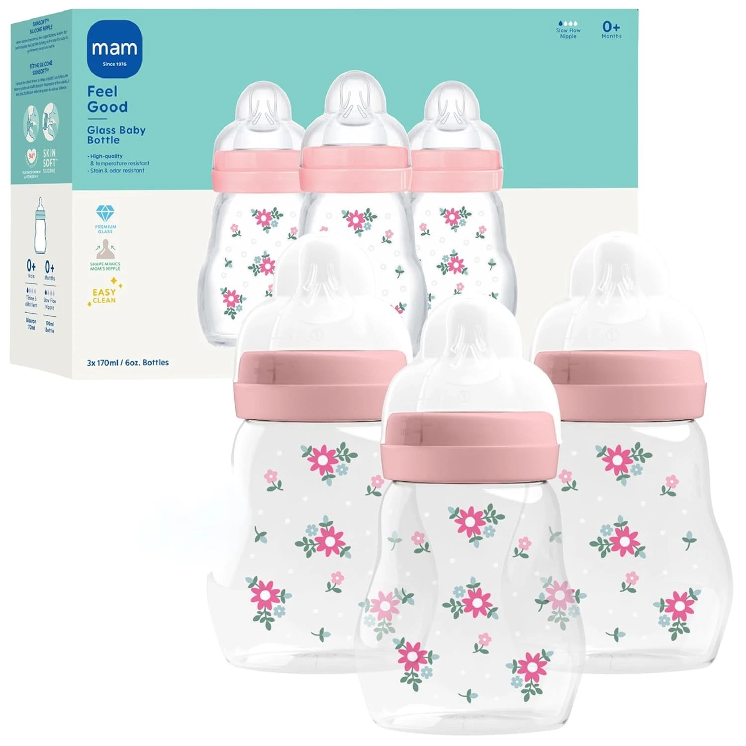 6oz Premium Glass Wide Neck Baby Bottle W/ Slow Flow Breastfeeding-Like Silicone