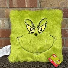 Grinch Face Throw Pillow Green Faux Fur 16x16 Dr. Seuss Holiday Christmas New
