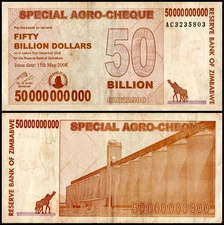 Zimbabwe 50 Billion Dollars Special Agro Cheque, 2008, P-63, Used
