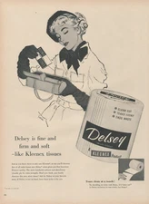 1953 Kleenex Tissues Delsey Is Fine and Firm and Soft Pretty Lady Print Ad