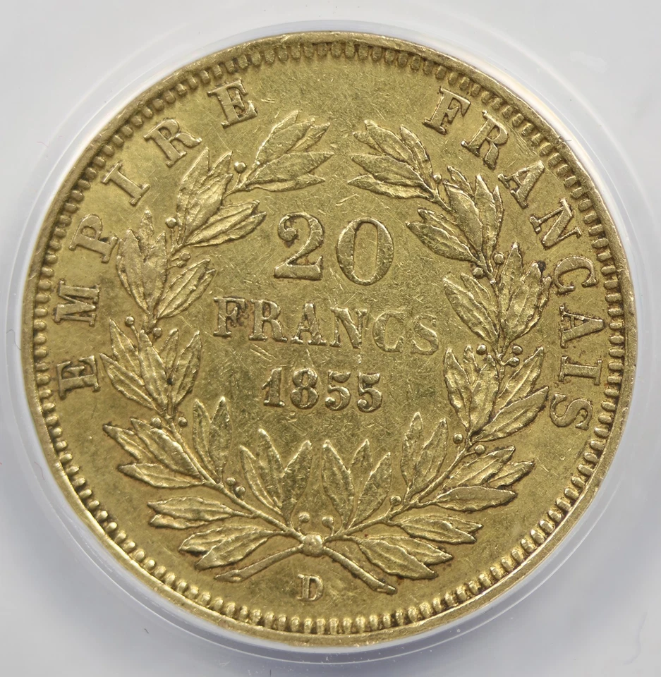 Oro Francia 1855-D 20 francos XF EF 40 ANACS Foto 4 de 4