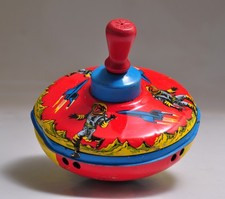 1960s OHIO ART TIN 5" SPINNING TOP TOY ASTRONAUTS, SPACE SHIPS MID-CENTURY NASA.