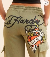 Ed Hardy Womens Dragon Dagger Cargo Sweatpant Wide Leg Y2K Green Size XL NWT