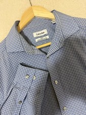 Calvin Klein Shirt Mens 16 34/35 Blue White Check Slim Fit Performance Non Iron