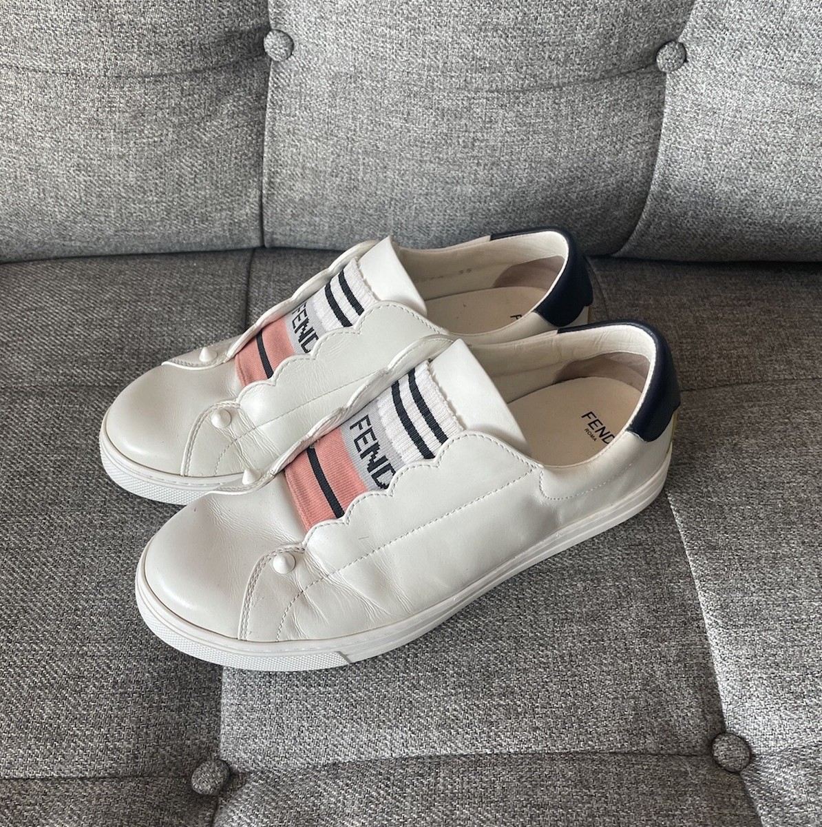 Fendi FF Motif White Leather Rockoko Sneaker Size 35 US