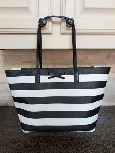 Kate Spade New York Black & White Striped Nylon Double Handle Zip Tote Purse
