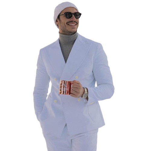 Traje de hombre blanco de dos filas casual viaje cuello alto chaqueta moda blazer - Imagen 16 de 17