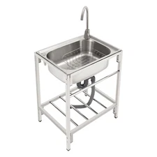 Commercial Single Bowl Stainless Steel Hand Wash Sink Basin Freestanding &Faucet