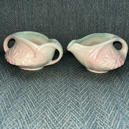 Vtg 1940s McCoy Daisy Creamer Open Sugar Bowl Set Pink Turquoise Cute Tiny Chip