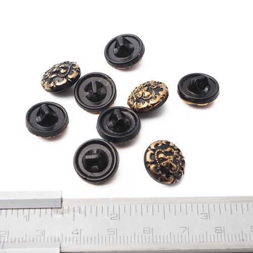 Lot (9) vintage Czech gold gilt black flower glass buttons 13mm - Picture 2 of 2