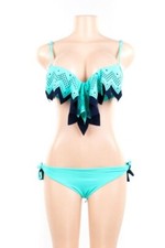 Women Turquoise/Navy 2-Piece Bikini with Ruffle Design