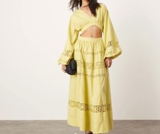 ASOS EDITION Crochet Trim Cut Out Waist Midi Dress with Balloon Sleeves in Green