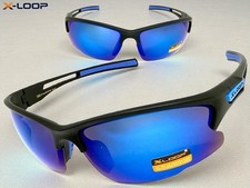 Men Sporty Biker Baseball Fishing Cycling Wrap SUN GLASSES Black Frame Blue Lens
