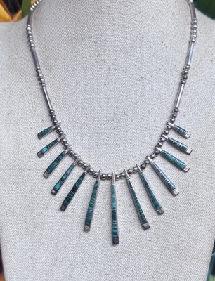 Native Sterling Silver Green Malachite Inlay Reversible 13 Spike Dangle Necklace