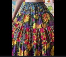 VTG 90s Colorful Bold Floral Midi Skirt Tiered Gauzy Sz 22W Festive Boho Pleated