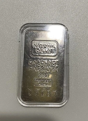 1 Oz  .999 Fine Silver Bar Vintage National Dallas Serial #05187 In Plastic Case