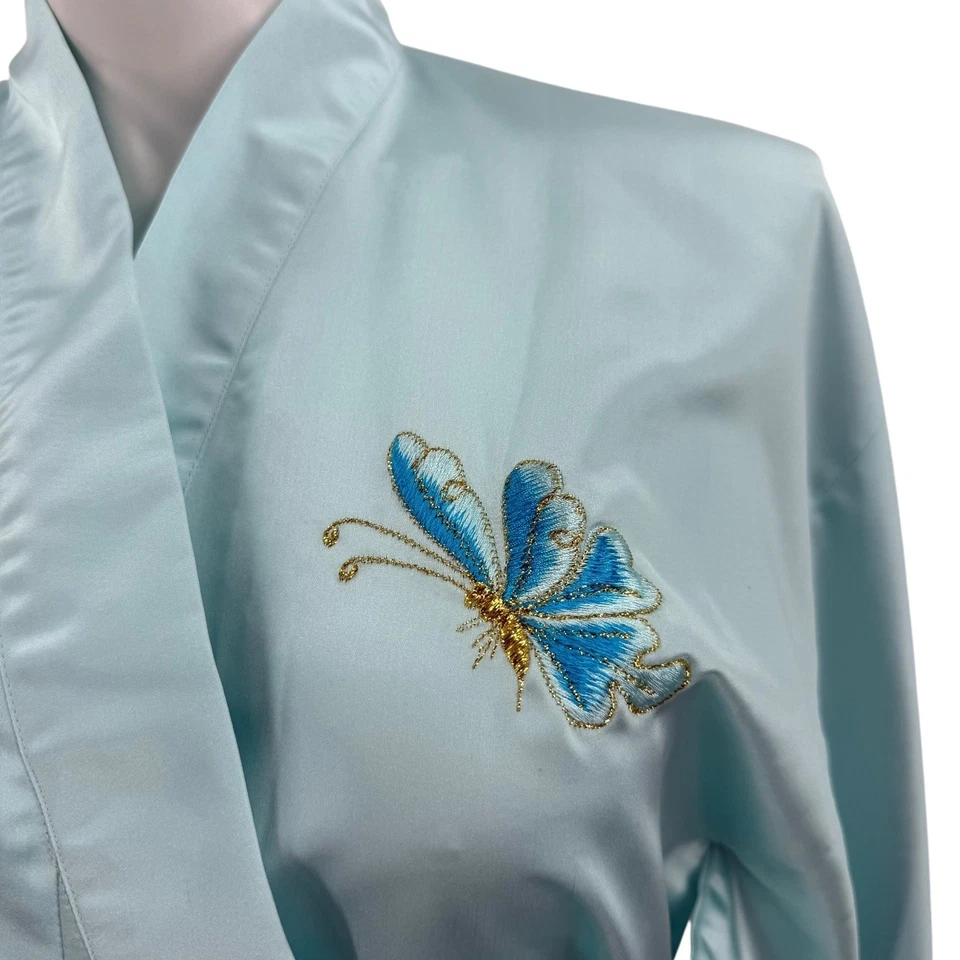 Roupão de seda vintage água tamanho 16 azul bordado borboleta quimono loungewear - Imagem 3 de 4
