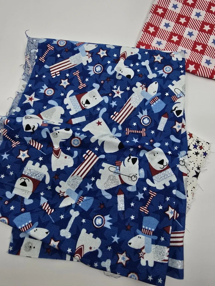 Patriotic 4th July Red White Blue Fabric Remnants w Stars Dogs - Image 2 of 2