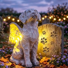 Solar Angel Dog Statue with Lights, Dog Memorial Statue for Outdoor, Winged D...