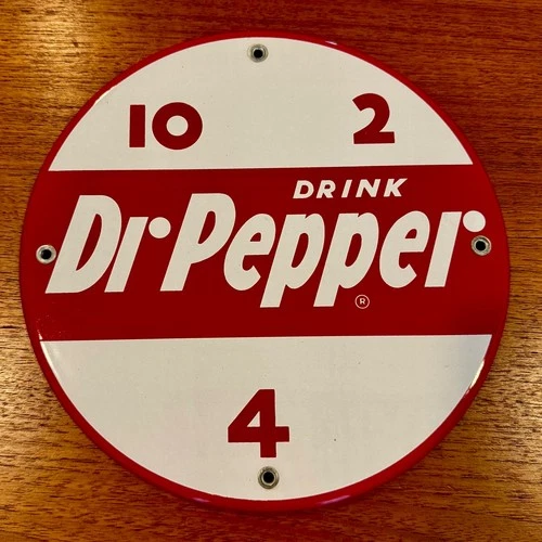 Vintage 10” Dr. Pepper “10, 2, and 4” porcelain sign in excellent condition