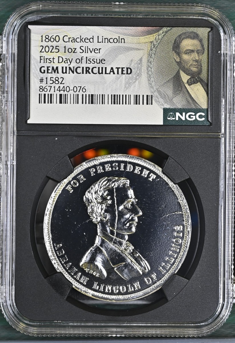 1 Oz Silver 2025 1860 Cracked Lincoln Campaign Medal NGC Gem