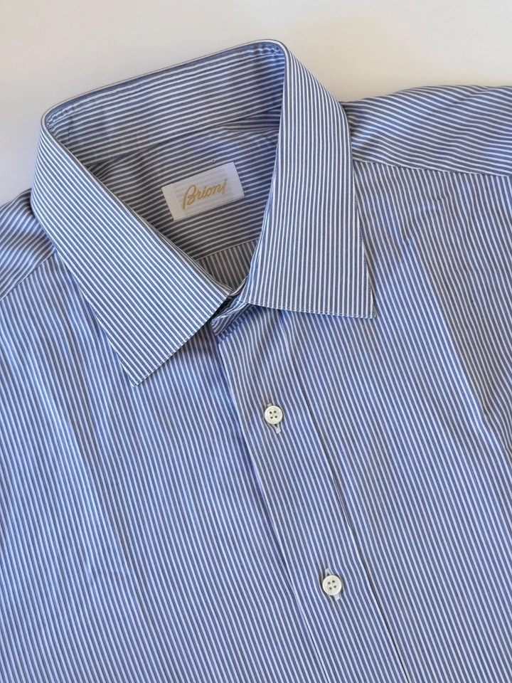 Camisa de vestir Brioni azul a rayas para hombre 17,5 45 puños franceses formal lujo Italia Foto 3 de 4