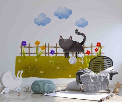 3D Cat Flowers Clouds Illustration Wall Murals Wallpaper Murals Wall Sticker