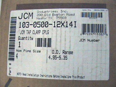 New JCM 4'' x 2'' Tap Clamp Saddle / Coupling 103-0500-12X14I NOS in Box