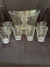 VTG Jeanette Glass "Chantilly Diamond Optic w/ Saturn Optic Base" Bowl/6 Glasses