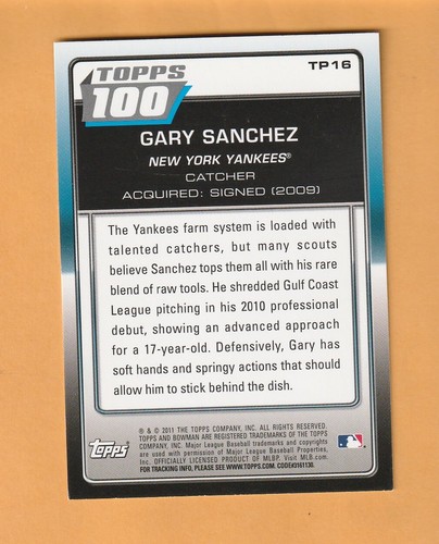 Gary Sanchez New York Yankees 2011 Bowman Topps 100 #TP16 7R - Picture 2 of 2