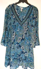 Catherines 3X  Blue Paisley Pleated Blouse Embellished Neck Tunic Flare Sleeve
