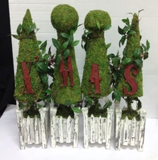 Set 4 Christmas Artificial Moss Xmas Topiary Trees Picket Fence Holiday Garden