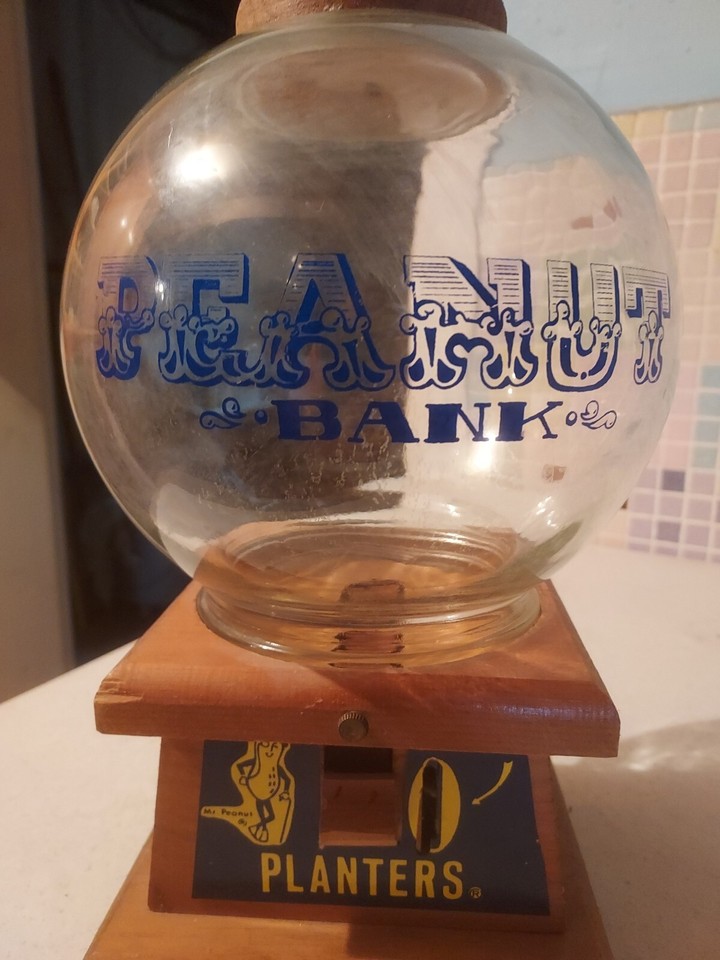 Vintage Planters "Mr. Peanut" Glass Globe Bank, Peanut Dispenser w/Wooden Base eBay