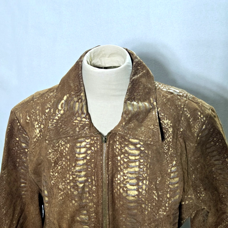 Jaqueta de couro feminina Pamela McCoy tamanho grande marrom zíper completo estampa animal - Imagem 4 de 4