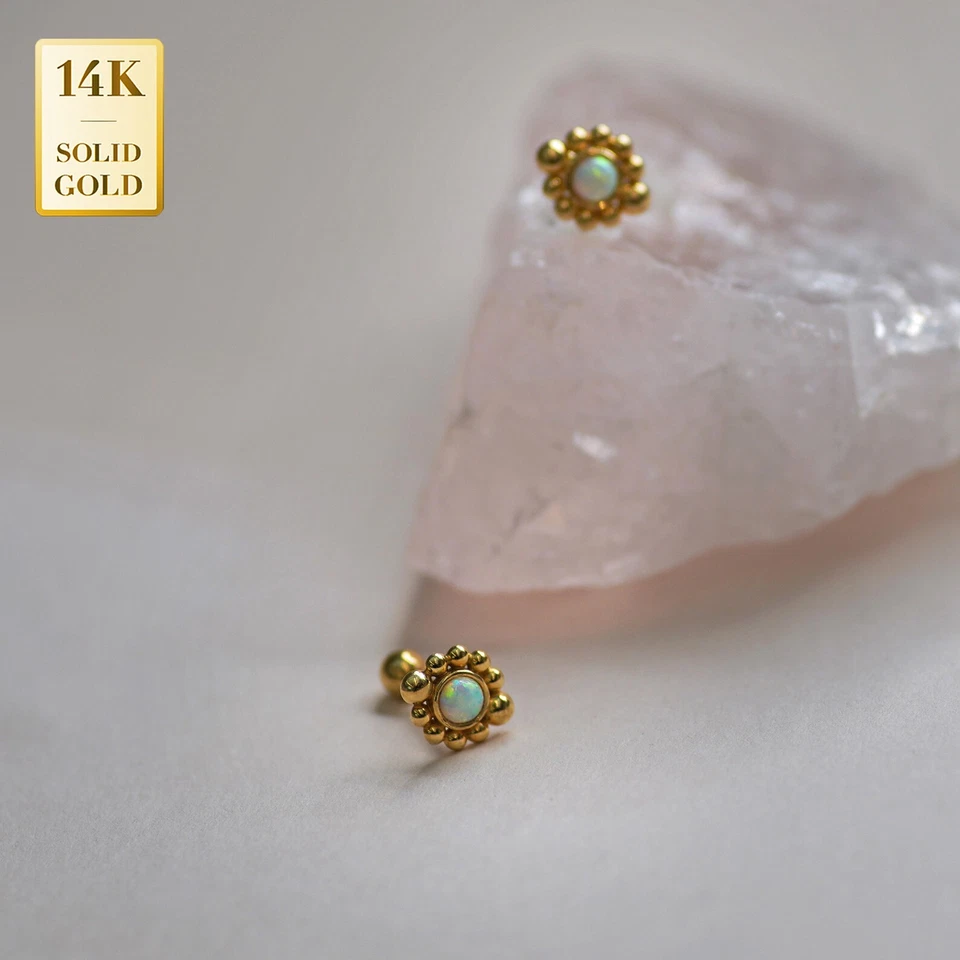 14K REAL Solid Gold Beaded Opal Ear Post Stud Daith Tragus Body Jewelry 18G - Image 4 of 4