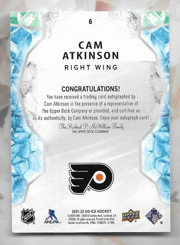 CAM ATKINSON 2021-22 UPPERDECK ICE INSERT AUTOGRAPH AUTO CARD #6 NHL - Picture 2 of 2