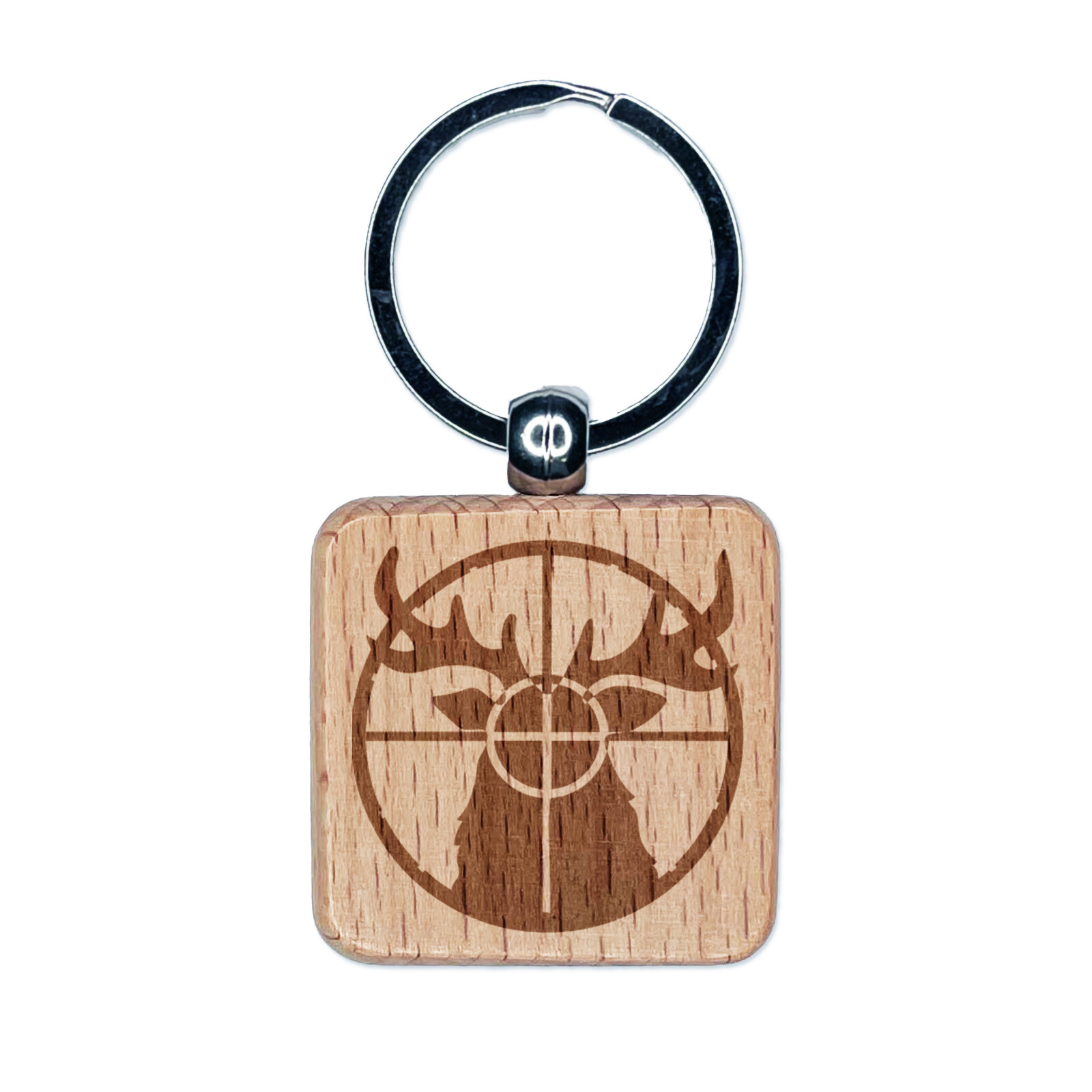 Deer Hunter Crosshair Engraved Wooden Keychain Tag Charm