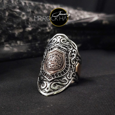 Seal of Solomon,Engraving Handcarved,Black Zircon,925 K Silver Men's Thumb Ring