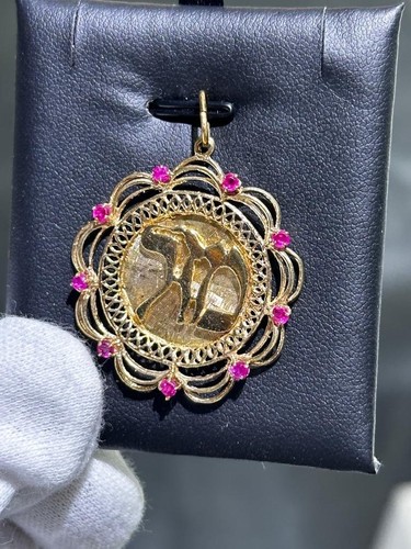 14k Solid Yellow Gold MAZAL Hebrew Unique Judaica 3D Red Ruby Charm Pendant Gift - Picture 13 of 16
