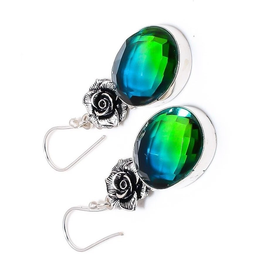 Bi Color Tourmaline Gemstone 925 Sterling Silver Handmade Jewelry Earrings 1.80" - Image 4 of 4