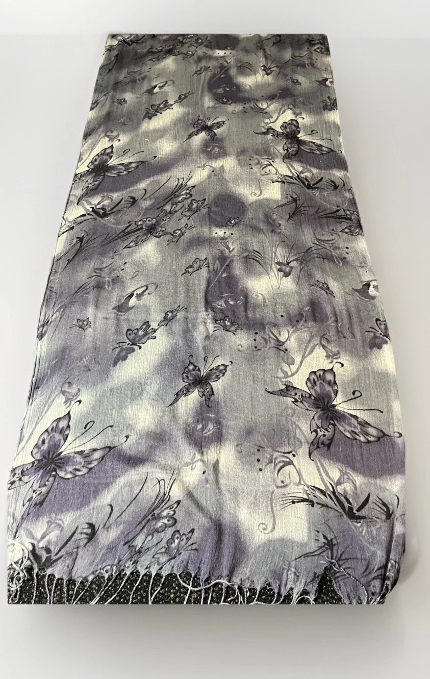 Butterfly Shawl Scarf Headscarf Blue Grey Tasseled Boho Lagenlook Whimsigoth Y2K