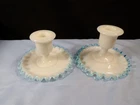Pair Set of 2 Fenton Milk Glass Aqua Blue Crest Candle Holders