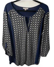 Roz & Ali Wms Tunic Top Sz 2XL 3/4 Tab Sleeves Keyhole V-Neck