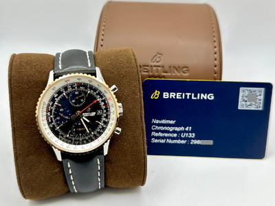 Breitling Navitimer U13324 41mm Black Dial 18K Rose Gold Steel Box Paper
