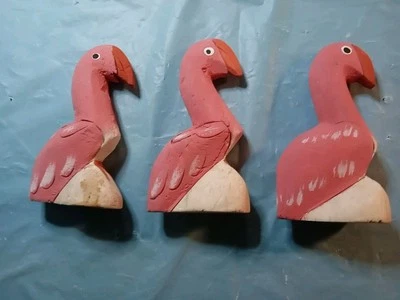 3 Pink Flamingo Hand Carved Figurines Hand-Painted Tropical Wildlife Art Deco BL - Image 1 of 4