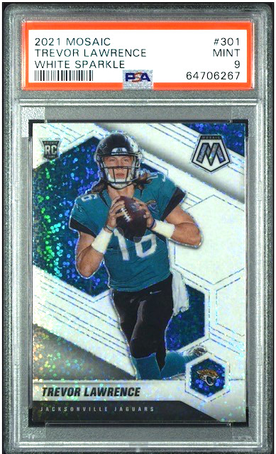 2021 PANINI MOSAIC TREVOR LAWRENCE ROOKIE WHITE SPARKLE 301 SSP PRIZM RC PSA 9